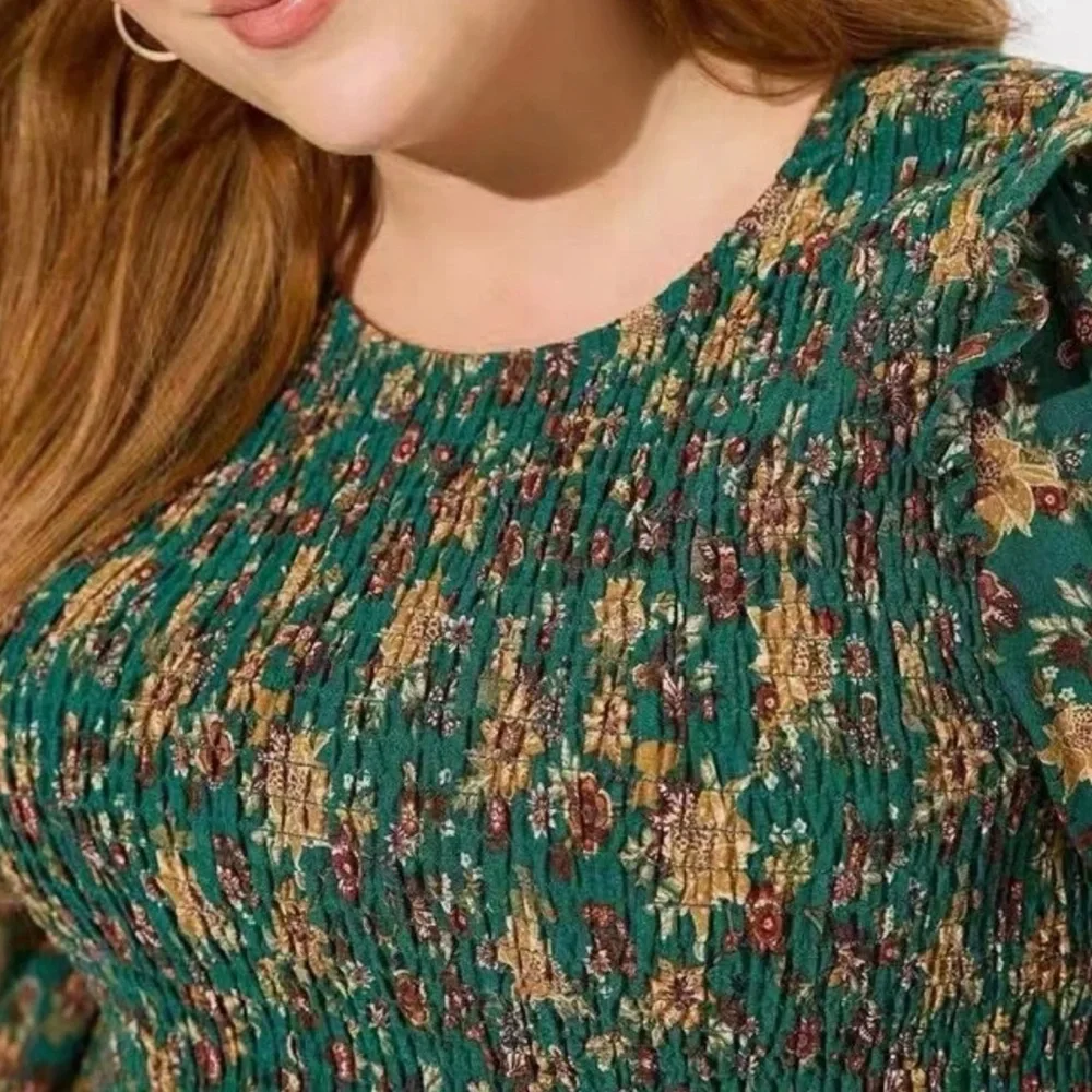 Torrid Green Floral Babydoll Smocked Top Ruffle Accent - Picture 4 of 14